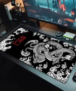 Mousepad con diseño de dragón, tapete de escritorio en blanco y negro